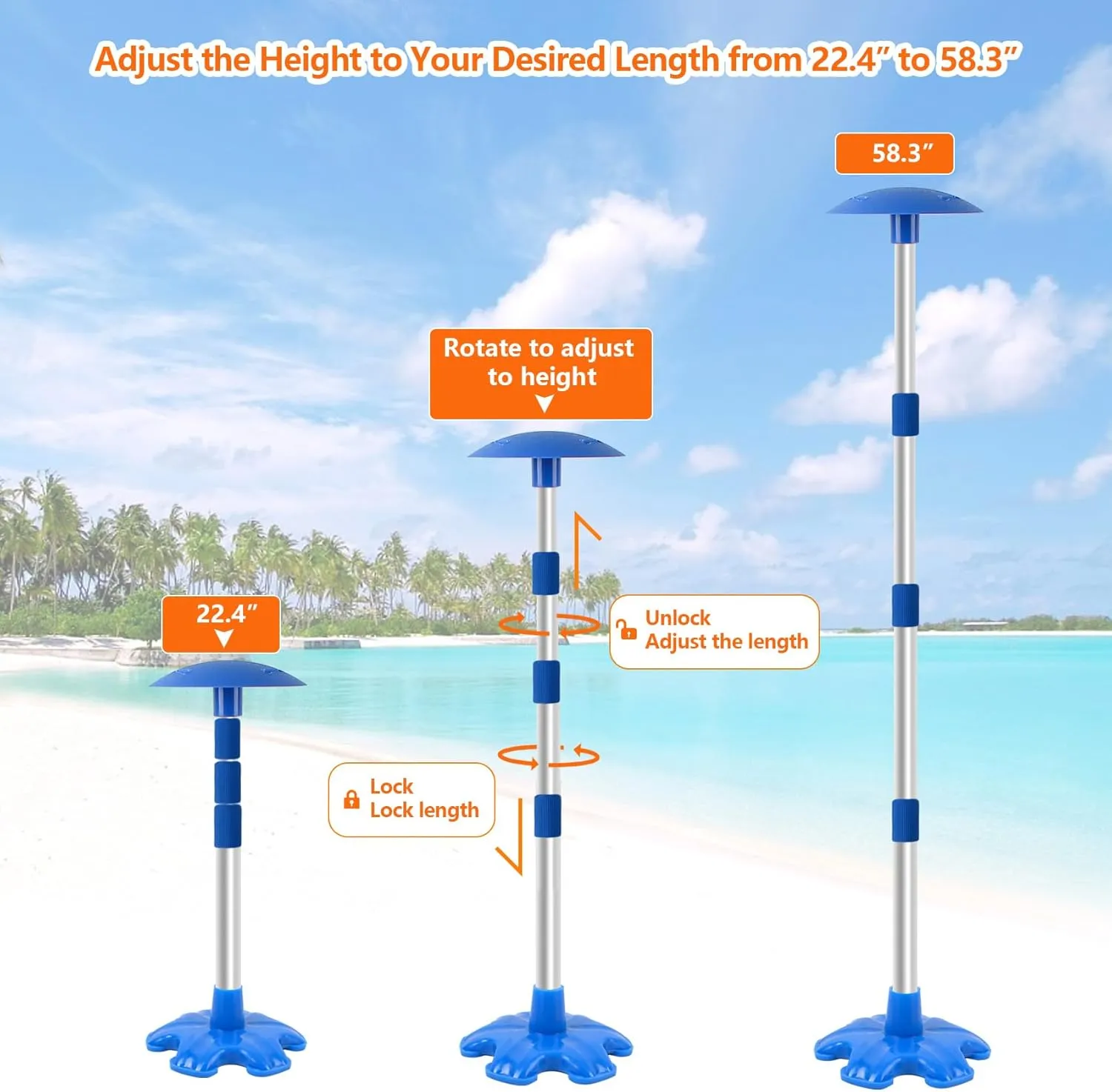 2 Pack Boat Cover Support Poles with Heavy Anti-Slip Rubber Base,Upgrade Reinforced Boat Cover Support System with Straps,Aluminum Poles Adjustable Height from 22.4” to 58.3” (Blue)