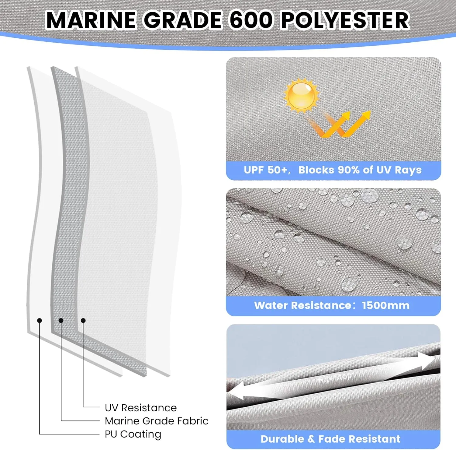 3 Bow Bimini Top for Boat, 6' L x 46" H x 54"-84" W Boat Canopy with 2 Removable Side Curtains, 2 Stable Rear Support Bars, Marine Grade Canvas, PU Coated Fabric