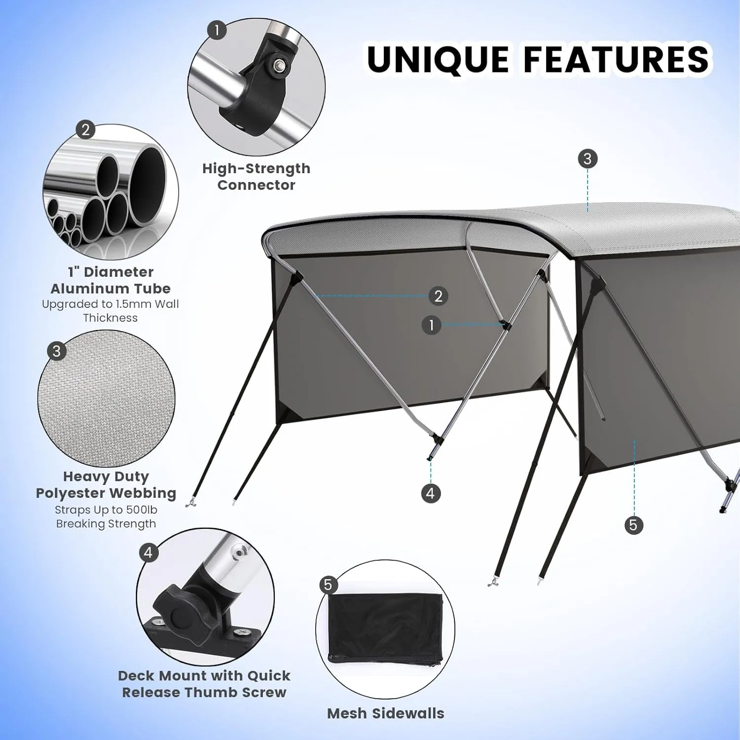 3 Bow Bimini Top for Boat, 6' L x 46" H x 54"-84" W Boat Canopy with 2 Removable Side Curtains, 2 Stable Rear Support Bars, Marine Grade Canvas, PU Coated Fabric