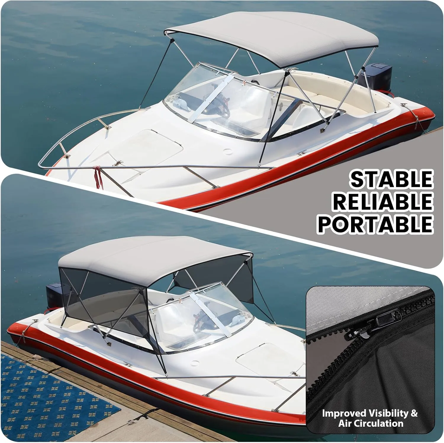 3 Bow Bimini Top for Boat, 6' L x 46" H x 54"-84" W Boat Canopy with 2 Removable Side Curtains, 2 Stable Rear Support Bars, Marine Grade Canvas, PU Coated Fabric