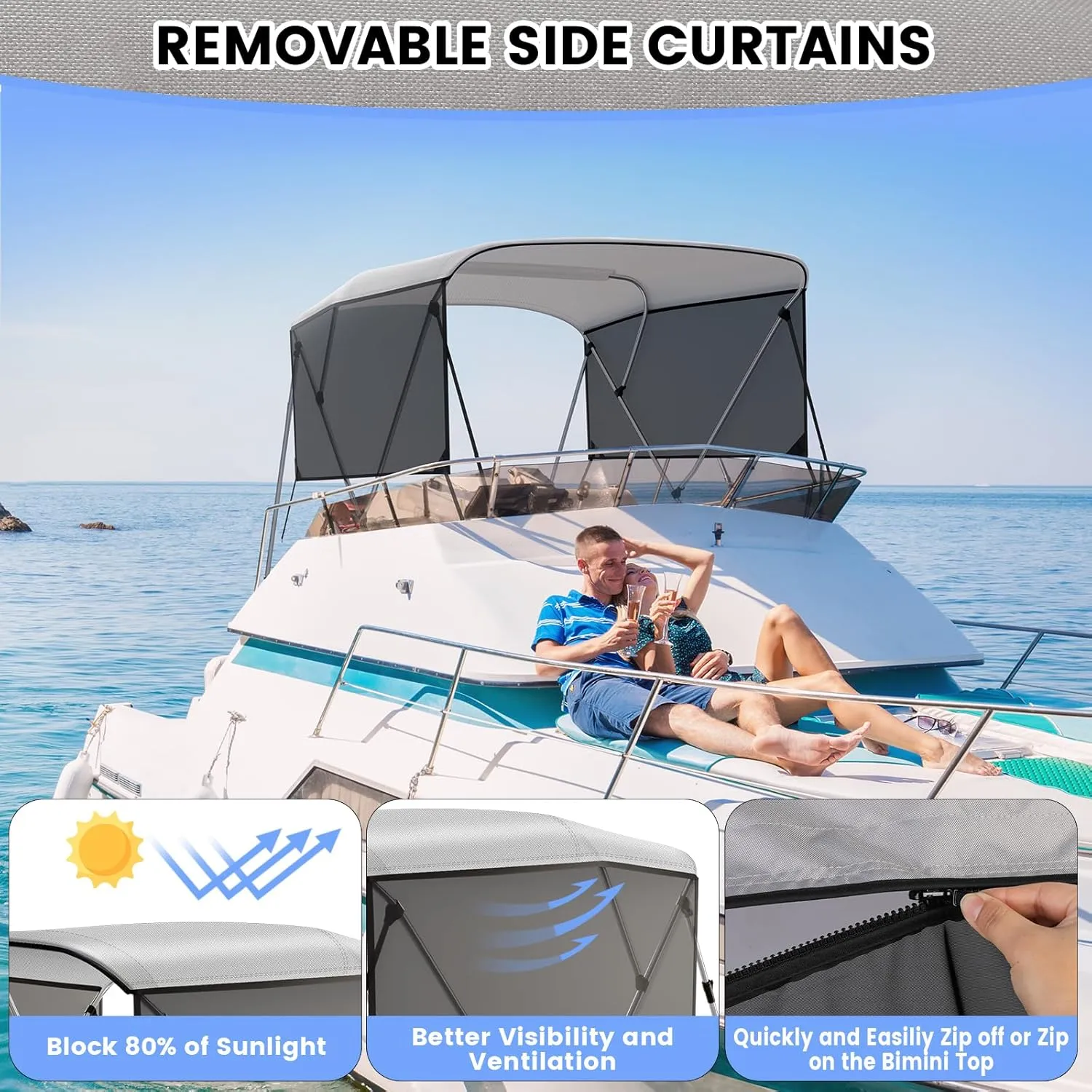 3 Bow Bimini Top for Boat, 6' L x 46" H x 54"-84" W Boat Canopy with 2 Removable Side Curtains, 2 Stable Rear Support Bars, Marine Grade Canvas, PU Coated Fabric