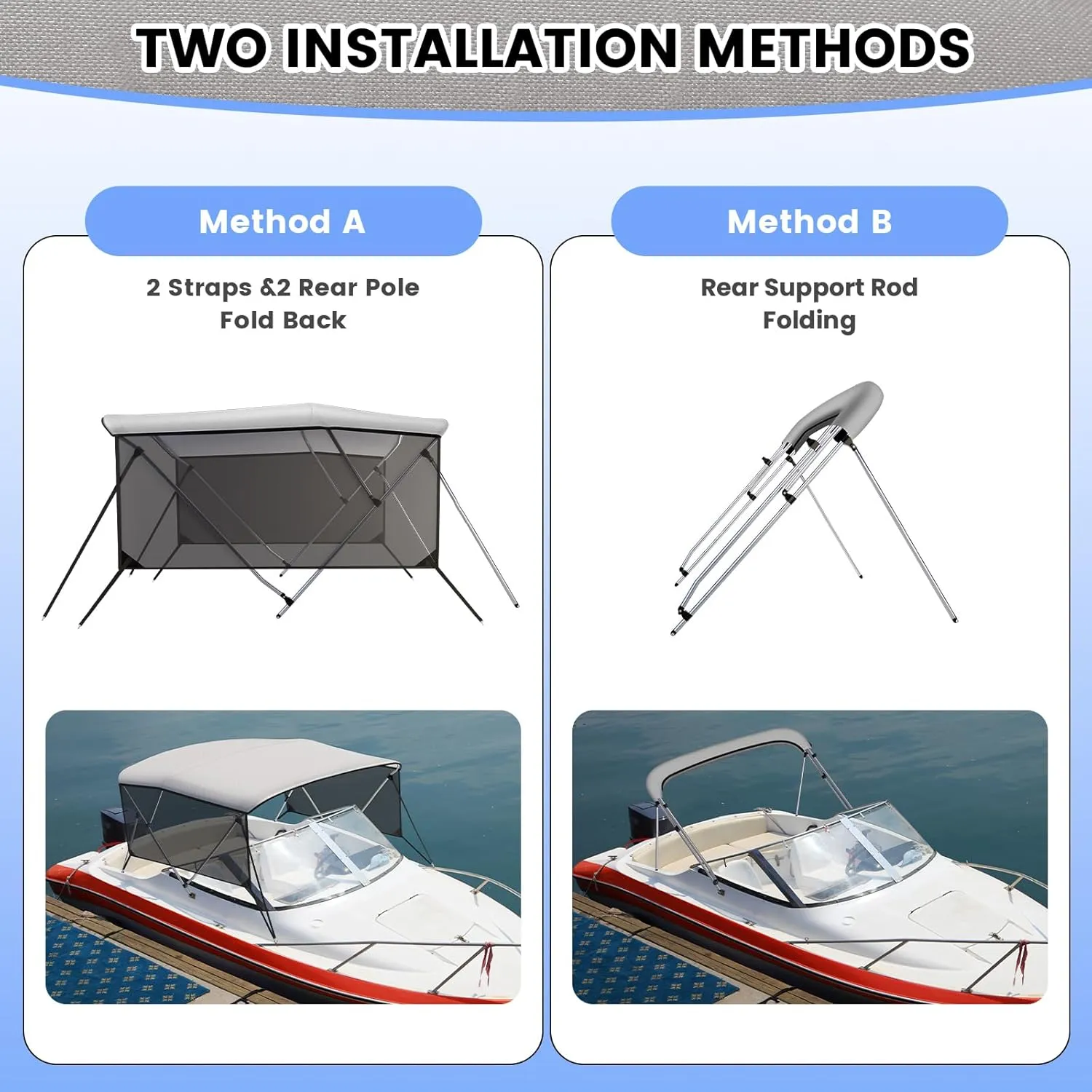 3 Bow Bimini Top for Boat, 6' L x 46" H x 54"-84" W Boat Canopy with 2 Removable Side Curtains, 2 Stable Rear Support Bars, Marine Grade Canvas, PU Coated Fabric