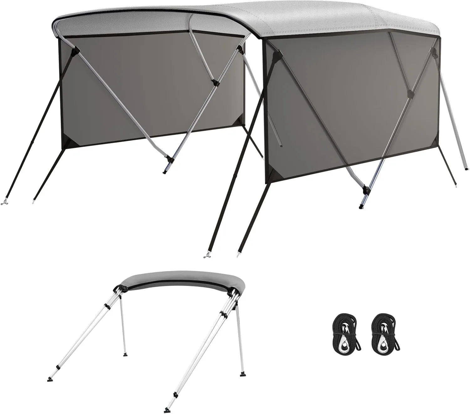 3 Bow Bimini Top for Boat, 6' L x 46" H x 54"-84" W Boat Canopy with 2 Removable Side Curtains, 2 Stable Rear Support Bars, Marine Grade Canvas, PU Coated Fabric