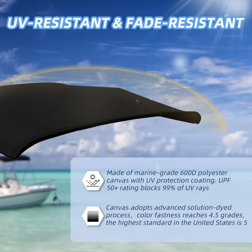 4 Bow Marine Grade Fade and Crack Resistant Bimini Top Replacement Cover, Heavy-Duty Waterproof and UV-proof Sun Shade Boat Canopy,Easy Install Zipper Sleeves Boat Awning/Without Frame,Black