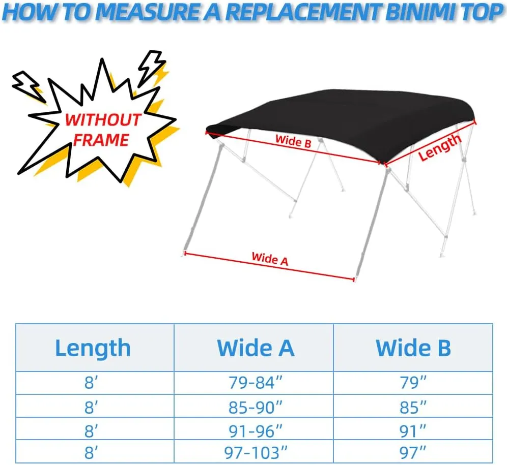 4 Bow Marine Grade Fade and Crack Resistant Bimini Top Replacement Cover, Heavy-Duty Waterproof and UV-proof Sun Shade Boat Canopy,Easy Install Zipper Sleeves Boat Awning/Without Frame,Black