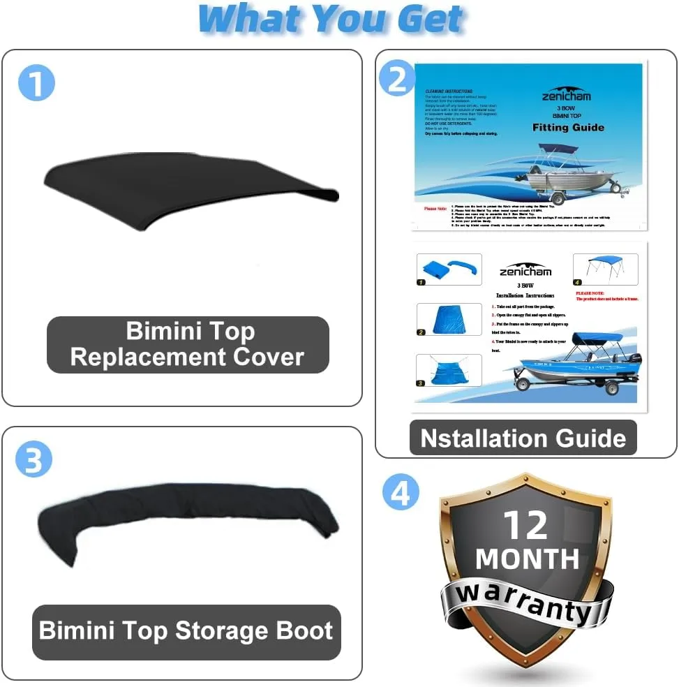 4 Bow Marine Grade Fade and Crack Resistant Bimini Top Replacement Cover, Heavy-Duty Waterproof and UV-proof Sun Shade Boat Canopy,Easy Install Zipper Sleeves Boat Awning/Without Frame,Black