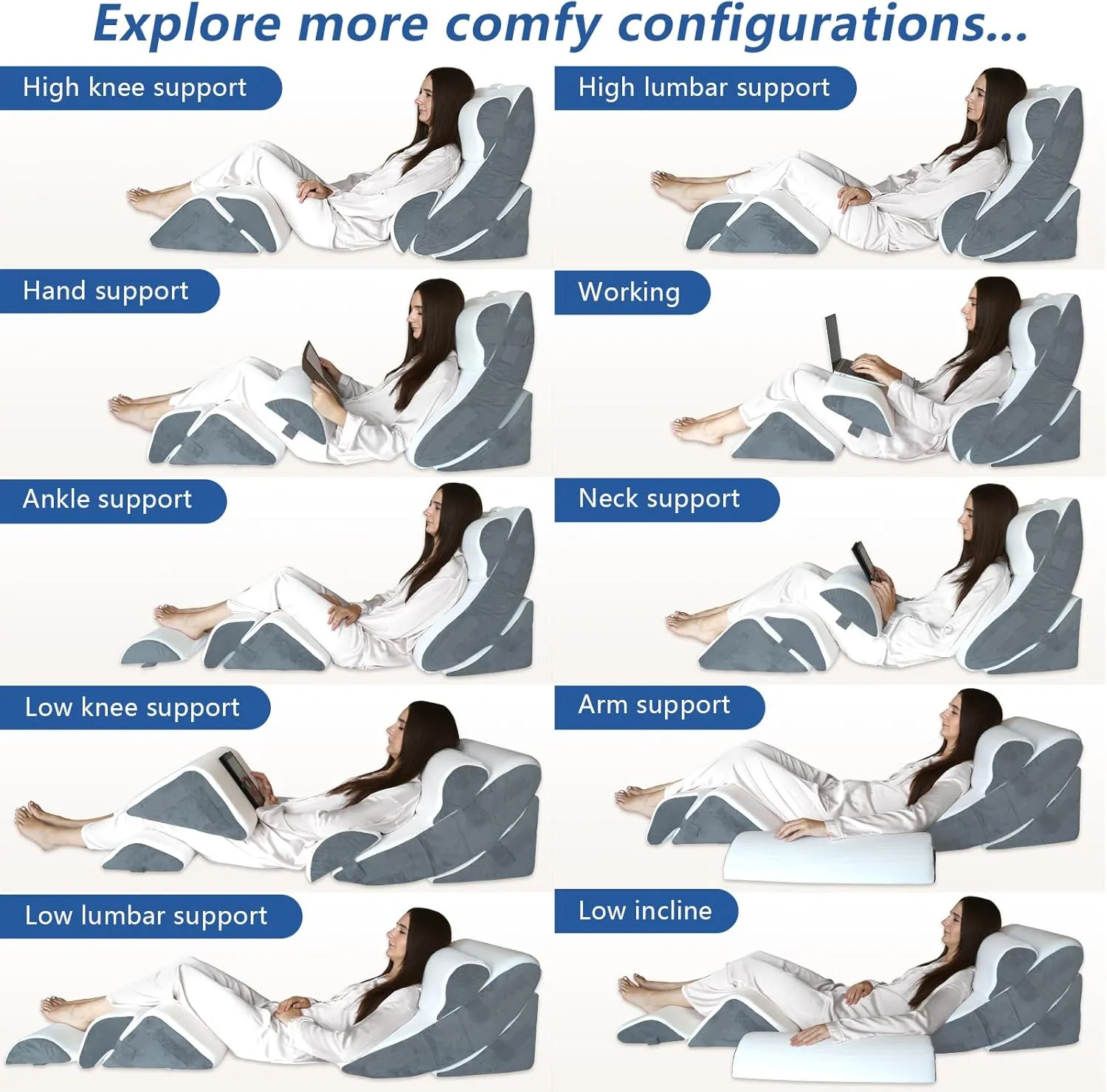 6PCS Orthopedic Bed Wedge Pillow for Sleeping, Gel Memory Foam Post Surgery Pillow Set for Back, Neck, Leg Support, Acid Reflux, Gerd, Anti Snoring, with Washable Cover & Travel Bag (White, 20'' Wide)