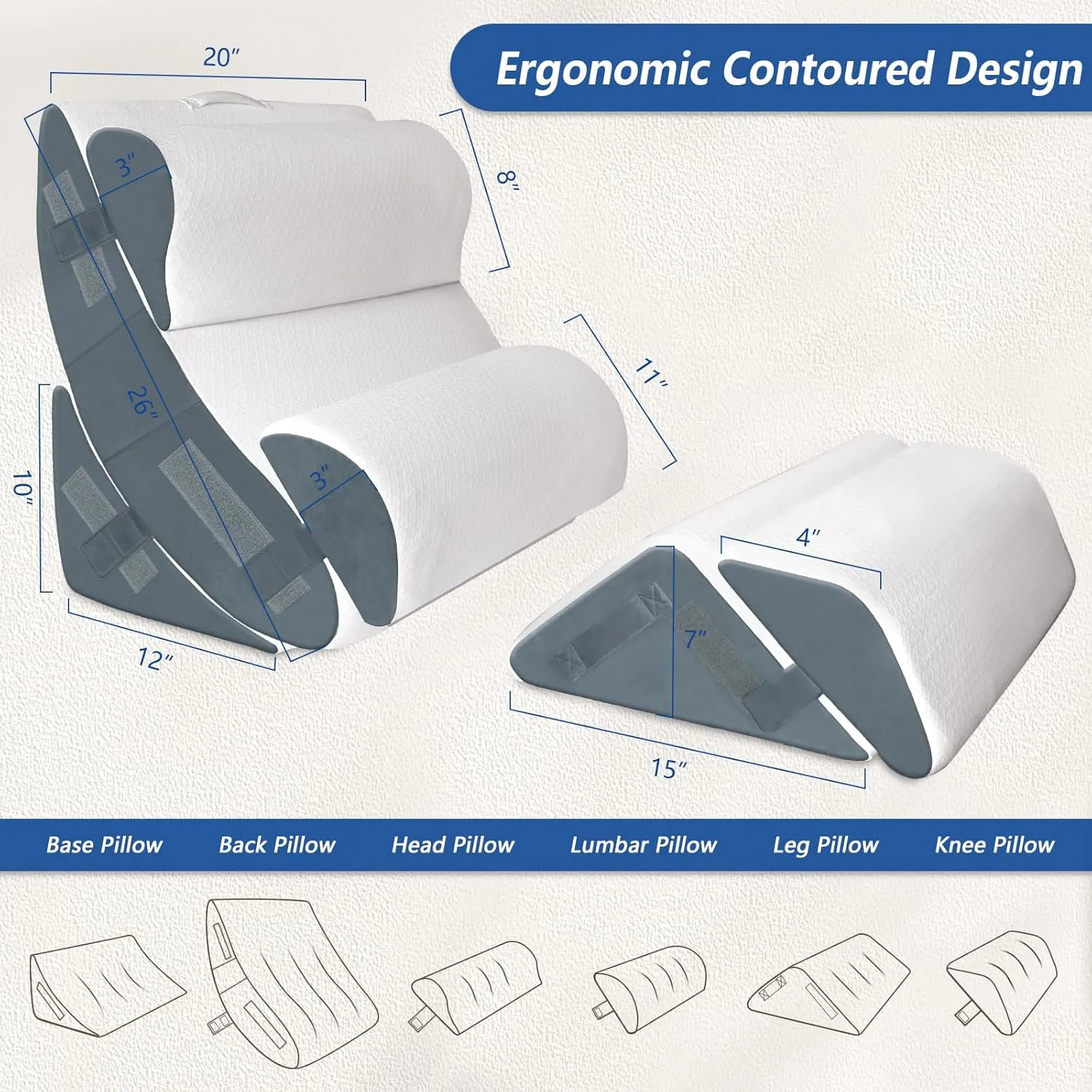 6PCS Orthopedic Bed Wedge Pillow for Sleeping, Gel Memory Foam Post Surgery Pillow Set for Back, Neck, Leg Support, Acid Reflux, Gerd, Anti Snoring, with Washable Cover & Travel Bag (White, 20'' Wide)