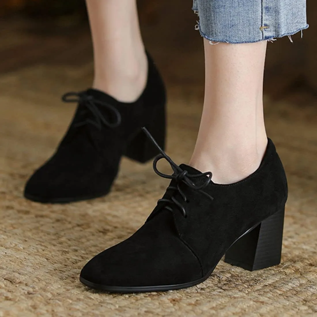 AIMODOR Womens Faux Suede Block Heel Brogue Shoes Lace Up Square Toe Chunky Heel Pumps