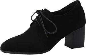 AIMODOR Womens Faux Suede Block Heel Brogue Shoes Lace Up Square Toe Chunky Heel Pumps