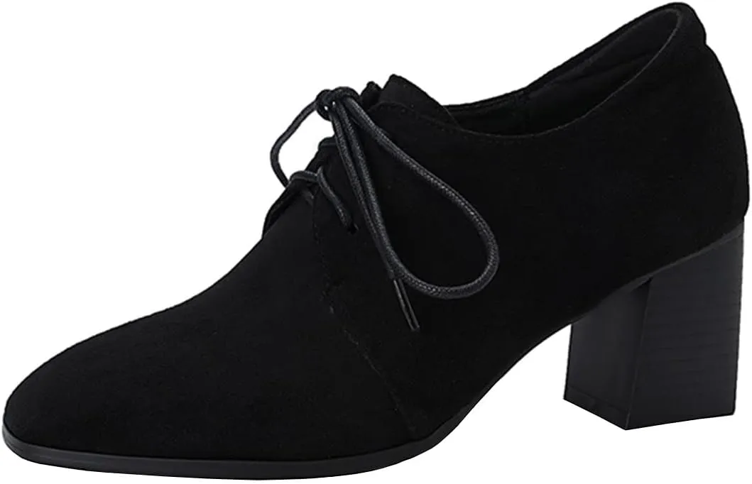 AIMODOR Womens Faux Suede Block Heel Brogue Shoes Lace Up Square Toe Chunky Heel Pumps