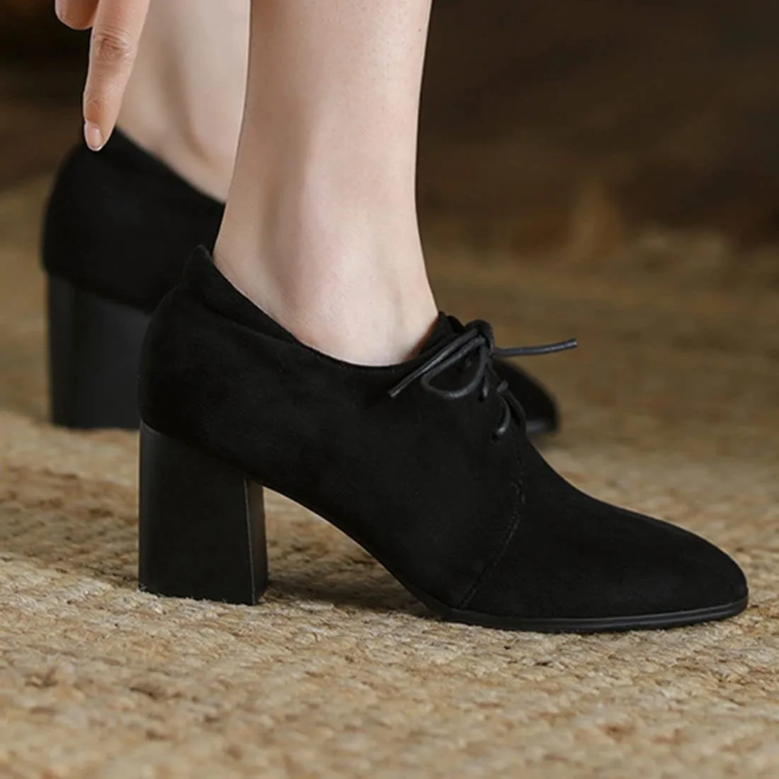 AIMODOR Womens Faux Suede Block Heel Brogue Shoes Lace Up Square Toe Chunky Heel Pumps