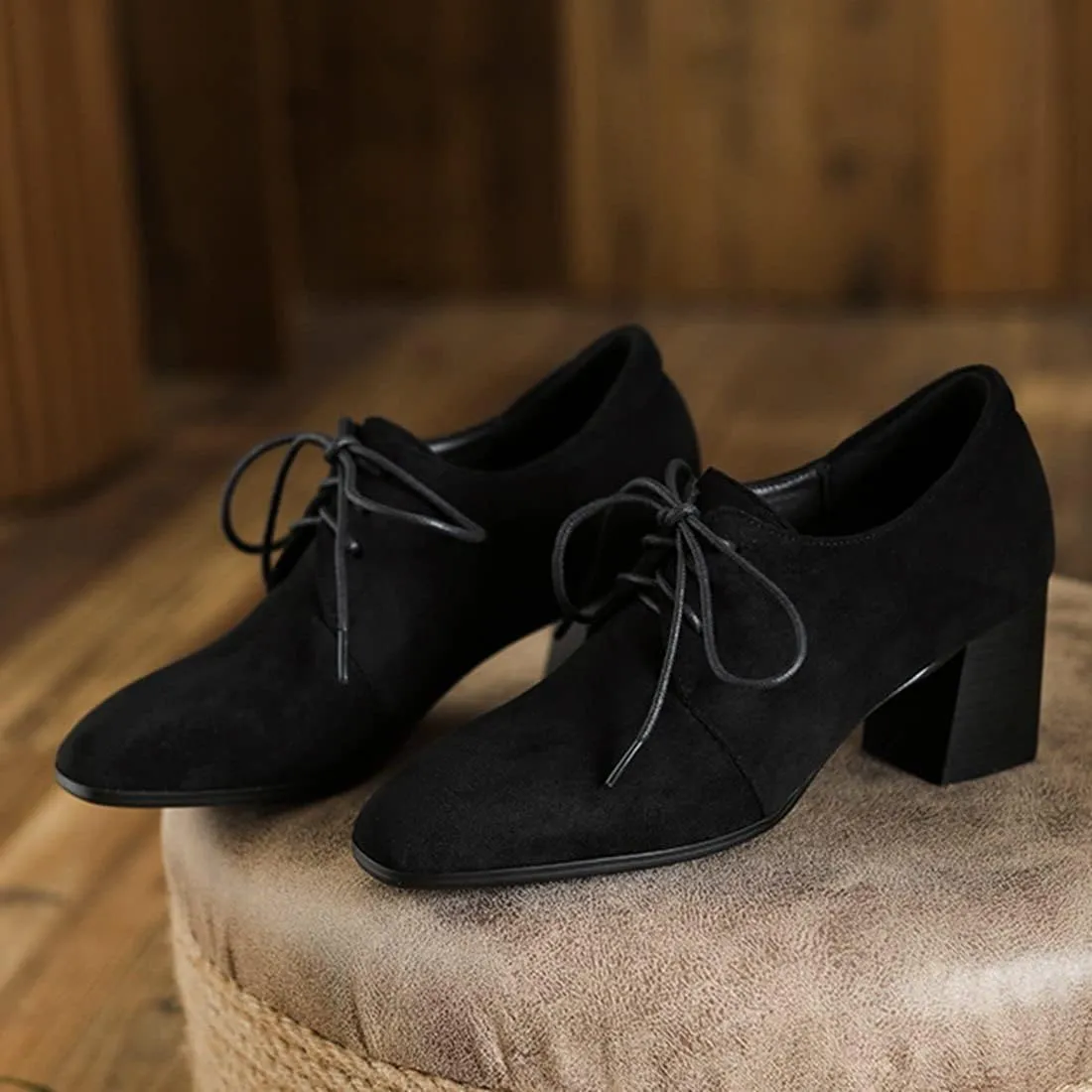 AIMODOR Womens Faux Suede Block Heel Brogue Shoes Lace Up Square Toe Chunky Heel Pumps