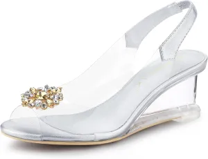 Allegra K Women's Clear Slingback Wedges Rhinestone Transparent Peep Toe Heels