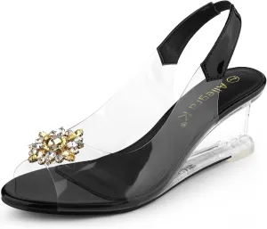 Allegra K Women's Clear Slingback Wedges Rhinestone Transparent Peep Toe Heels