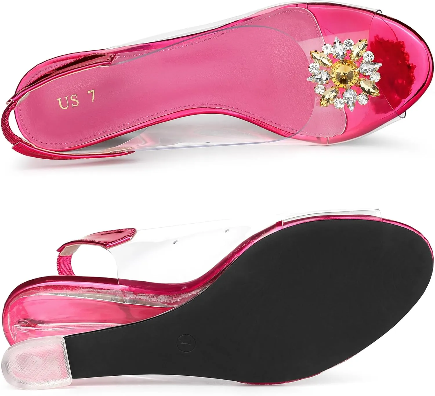 Allegra K Women's Clear Slingback Wedges Rhinestone Transparent Peep Toe Heels