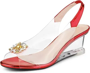 Allegra K Women's Clear Slingback Wedges Rhinestone Transparent Peep Toe Heels