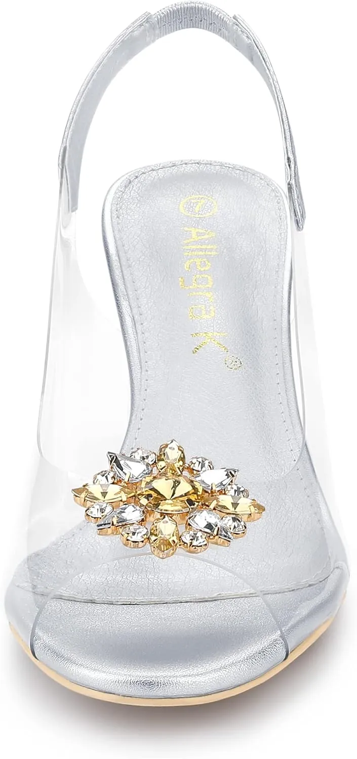 Allegra K Women's Clear Slingback Wedges Rhinestone Transparent Peep Toe Heels