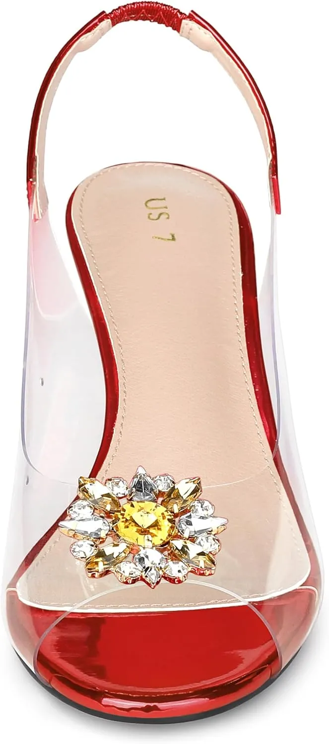 Allegra K Women's Clear Slingback Wedges Rhinestone Transparent Peep Toe Heels