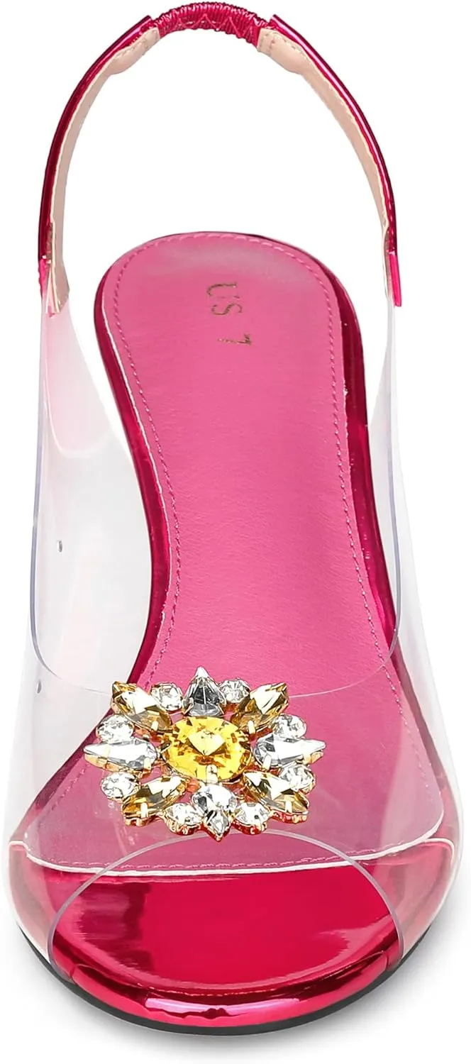 Allegra K Women's Clear Slingback Wedges Rhinestone Transparent Peep Toe Heels
