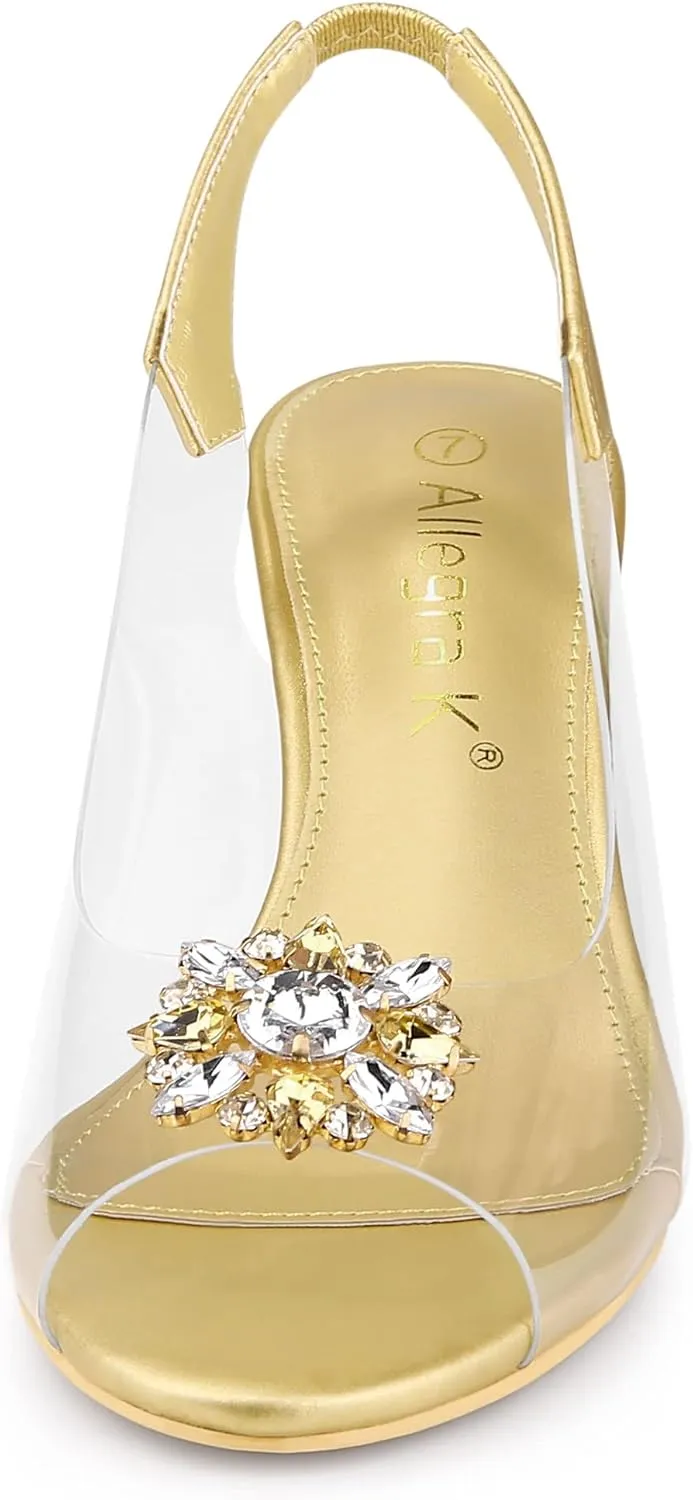 Allegra K Women's Clear Slingback Wedges Rhinestone Transparent Peep Toe Heels