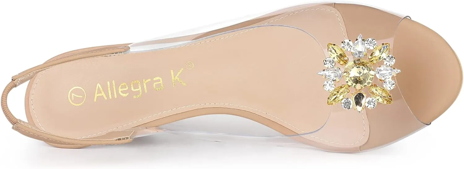 Allegra K Women's Clear Slingback Wedges Rhinestone Transparent Peep Toe Heels