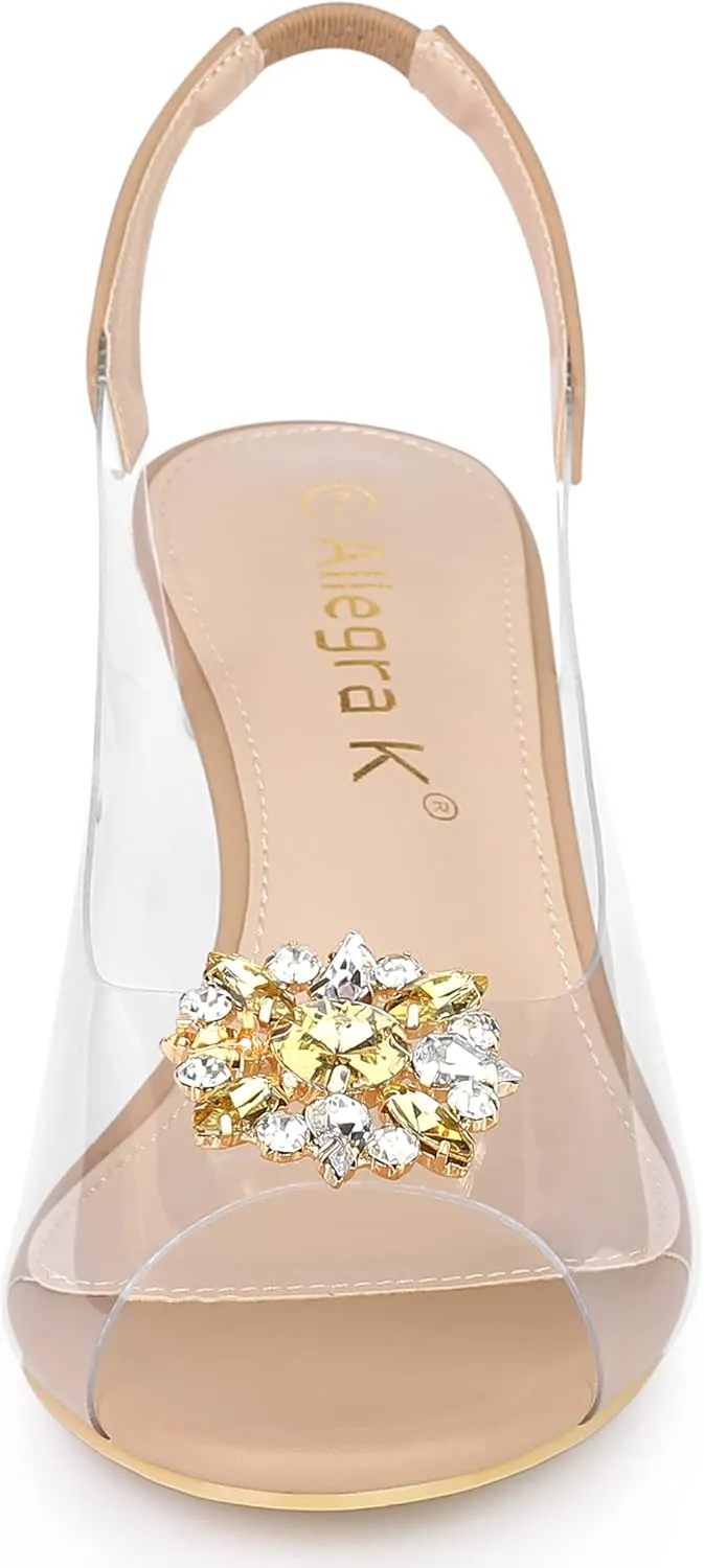 Allegra K Women's Clear Slingback Wedges Rhinestone Transparent Peep Toe Heels