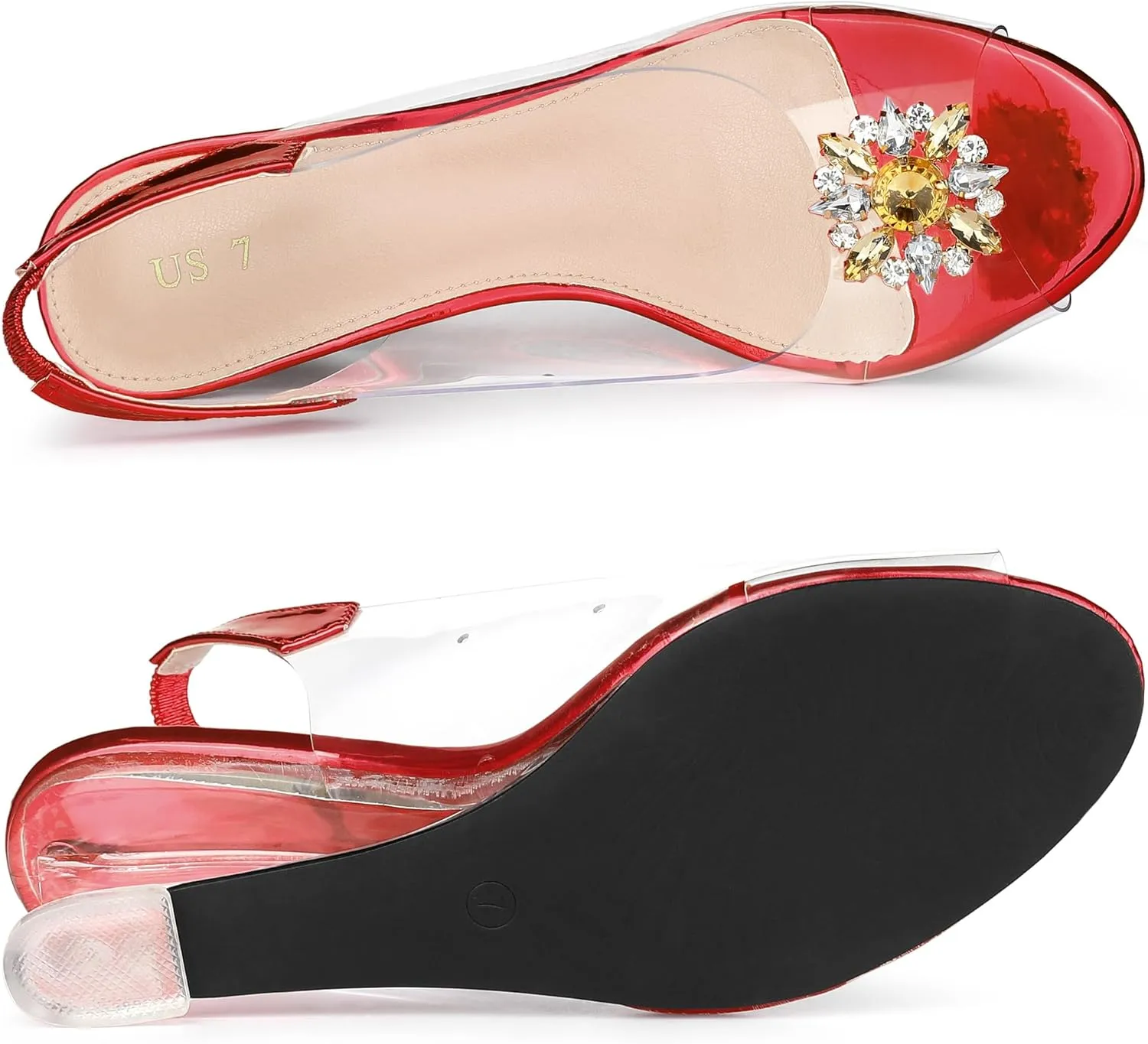 Allegra K Women's Clear Slingback Wedges Rhinestone Transparent Peep Toe Heels
