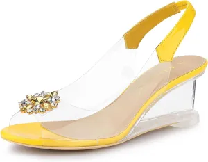 Allegra K Women's Clear Slingback Wedges Rhinestone Transparent Peep Toe Heels