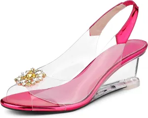 Allegra K Women's Clear Slingback Wedges Rhinestone Transparent Peep Toe Heels