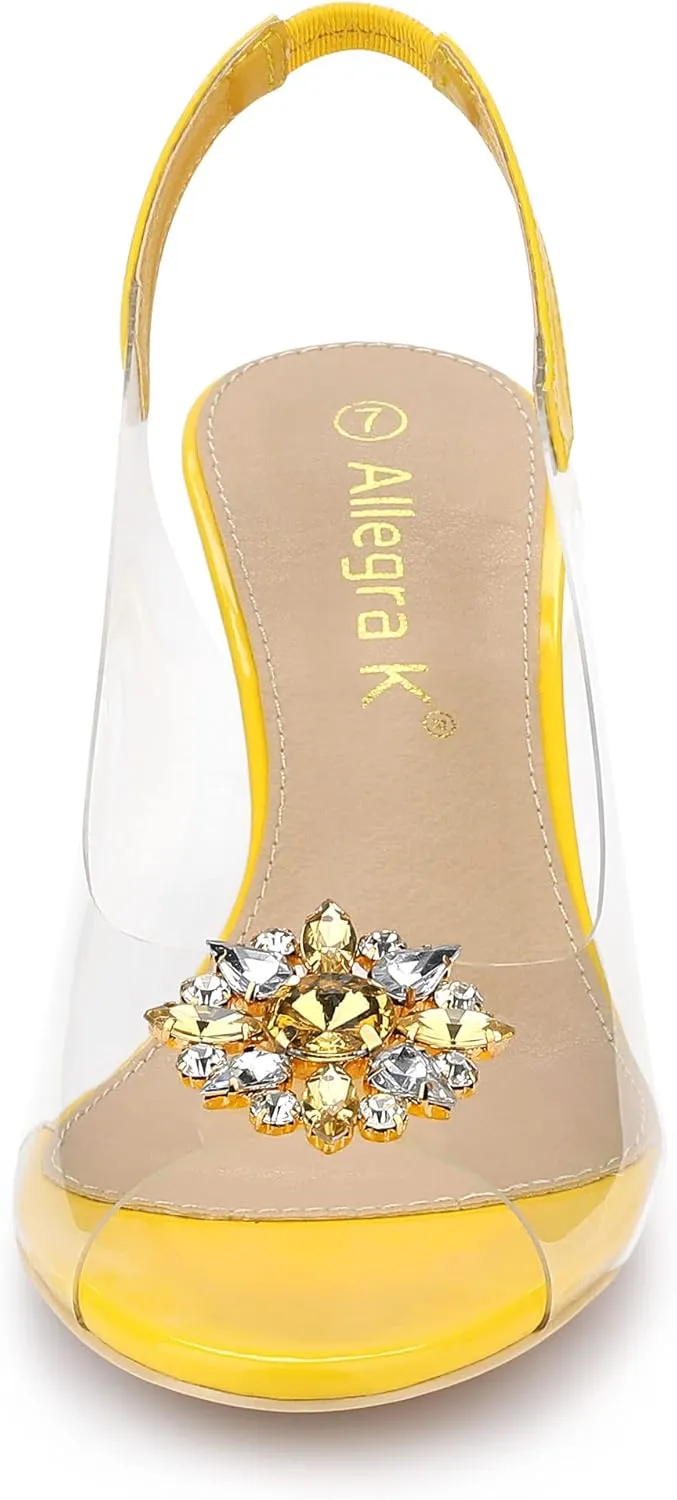 Allegra K Women's Clear Slingback Wedges Rhinestone Transparent Peep Toe Heels