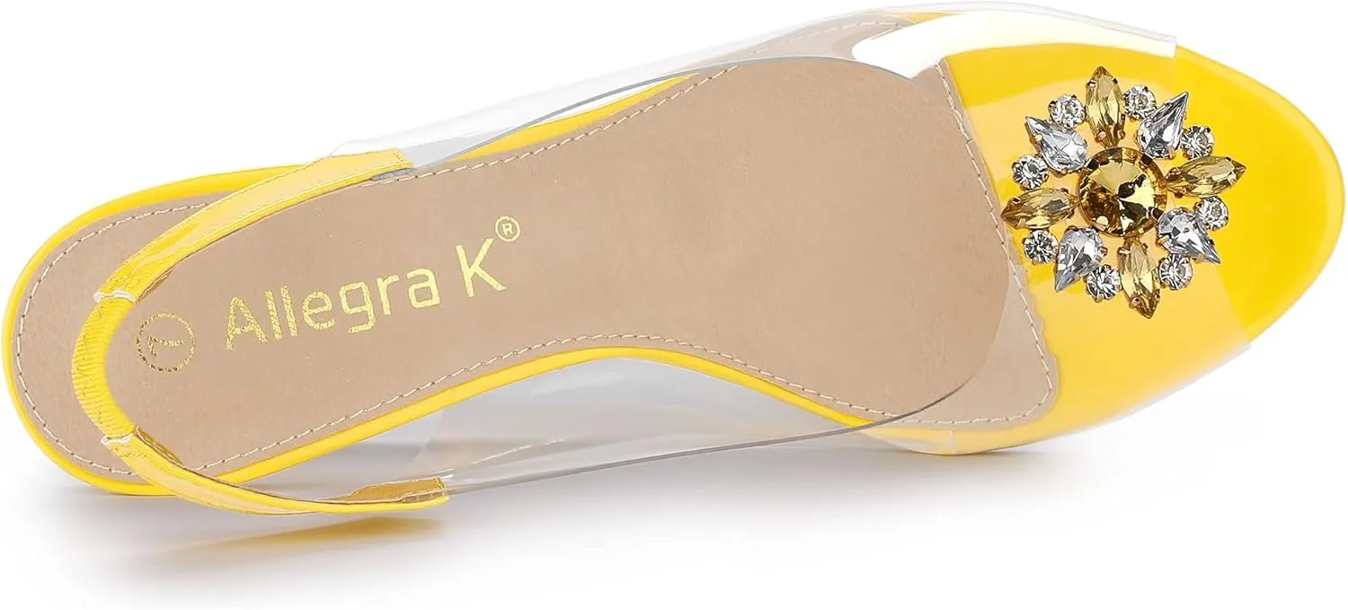 Allegra K Women's Clear Slingback Wedges Rhinestone Transparent Peep Toe Heels