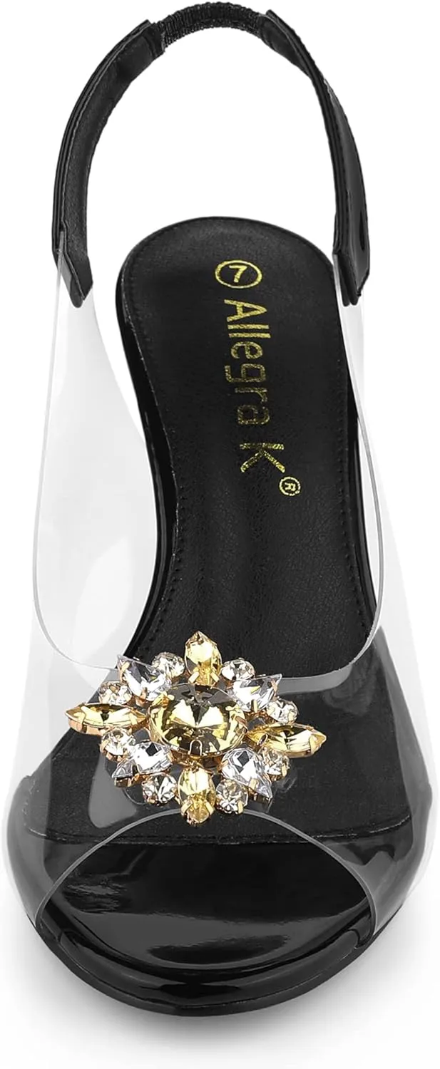 Allegra K Women's Clear Slingback Wedges Rhinestone Transparent Peep Toe Heels
