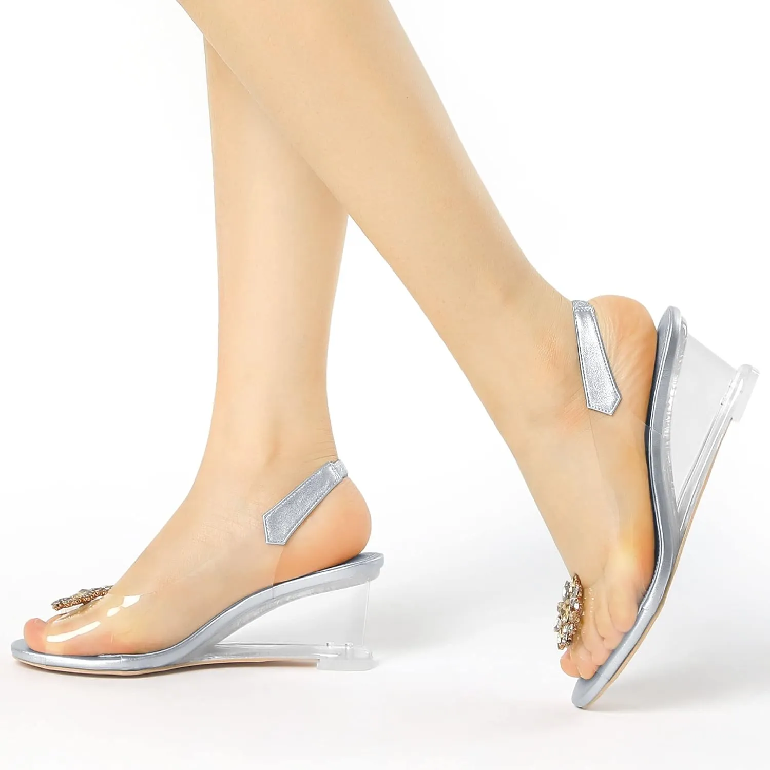 Allegra K Women's Clear Slingback Wedges Rhinestone Transparent Peep Toe Heels