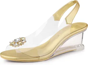 Allegra K Women's Clear Slingback Wedges Rhinestone Transparent Peep Toe Heels