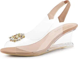 Allegra K Women's Clear Slingback Wedges Rhinestone Transparent Peep Toe Heels