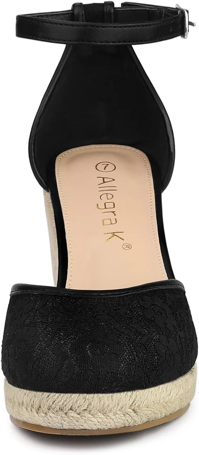 Allegra K Women's Closed Toe Espadrille Platform Heels Lace Wedge Sandals