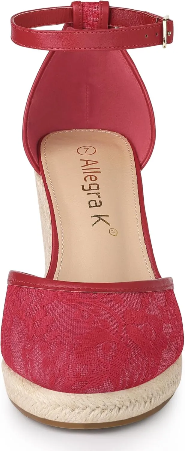 Allegra K Women's Closed Toe Espadrille Platform Heels Lace Wedge Sandals