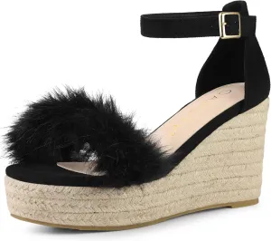 Allegra K Women's Espadrille Platform Heels Faux Fur Wedge Sandals