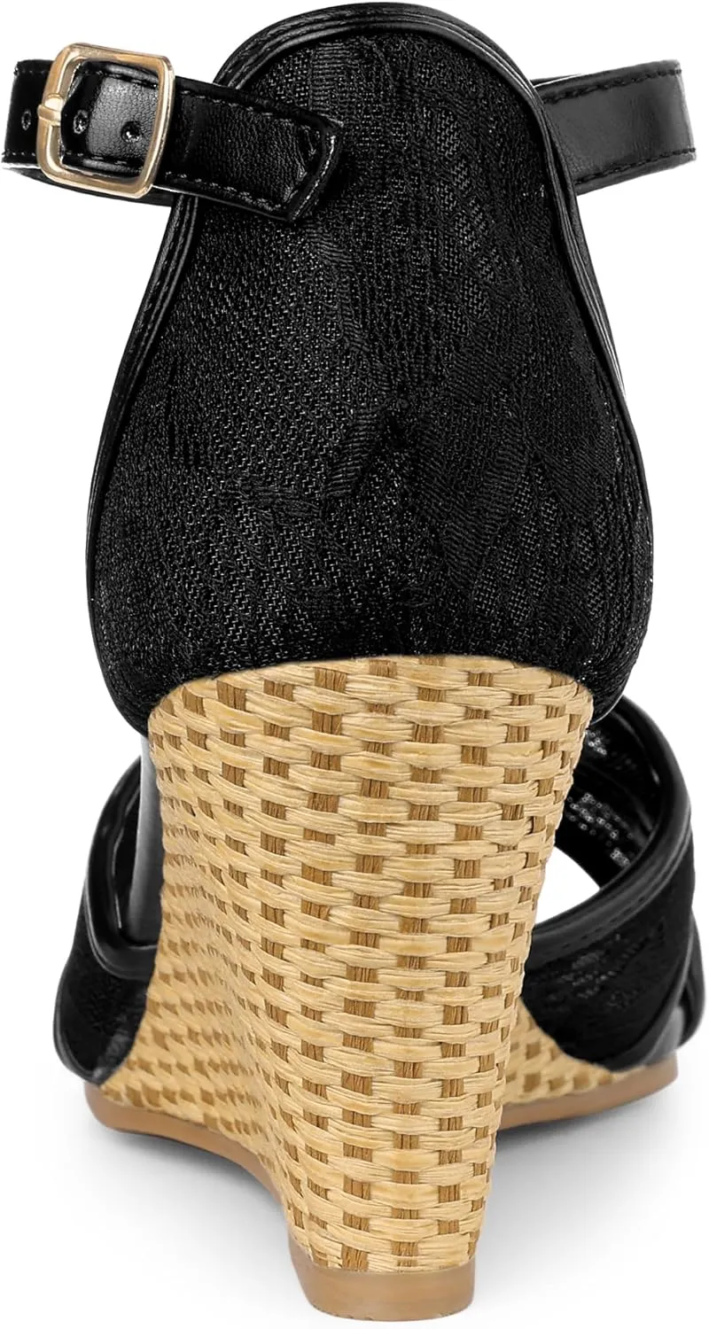 Allegra K Women's Floral Lace Mesh Wedges Sandals