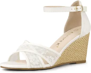 Allegra K Women's Floral Lace Mesh Wedges Sandals