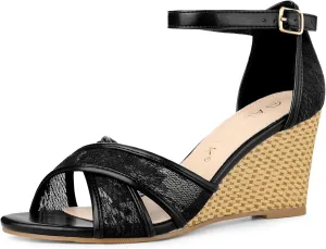 Allegra K Women's Floral Lace Mesh Wedges Sandals