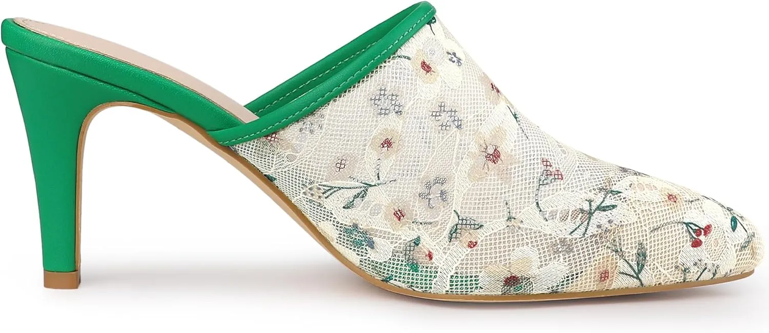 Allegra K Women's Lace Heels Sandals Mesh Floral Embroidered Stiletto Heels Slide Mules