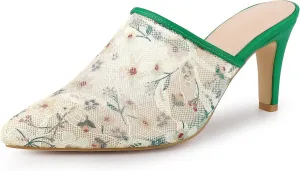 Allegra K Women's Lace Heels Sandals Mesh Floral Embroidered Stiletto Heels Slide Mules