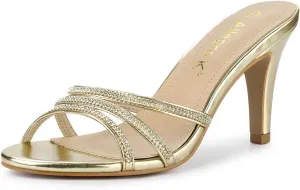 Allegra K Women's Open Toe Rhinestone Strappy Stiletto Heels Sandals Slip On Slip On Mules