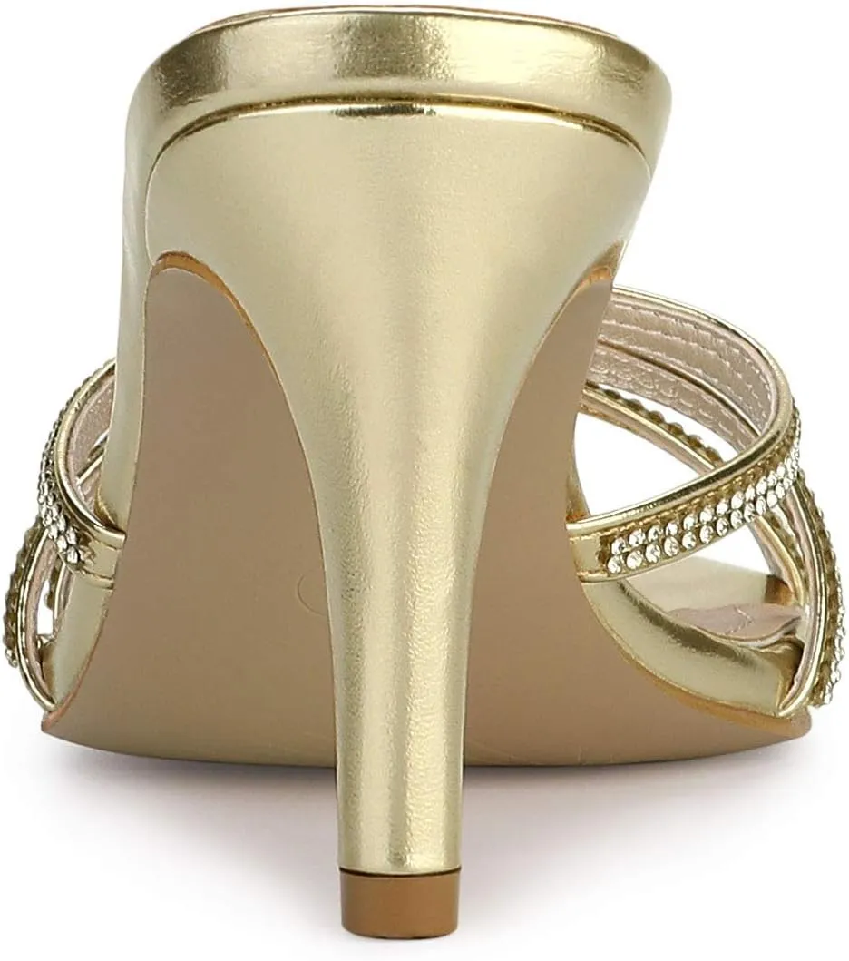 Allegra K Women's Open Toe Rhinestone Strappy Stiletto Heels Sandals Slip On Slip On Mules