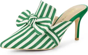 Allegra K Women's Stripe Bow Slip on Stiletto Heel Slides Mules