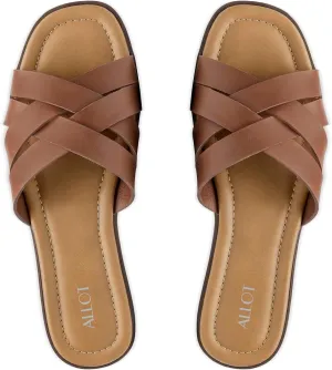 ALLOT Women's Flat Sandals Cross Straps Slides Slip On Open Toe Comfortable Summer Shoes