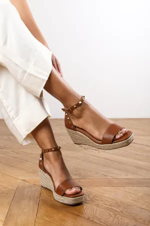 Allyson Rope Detail Platform Wedge With Ankle Tie in Tan
