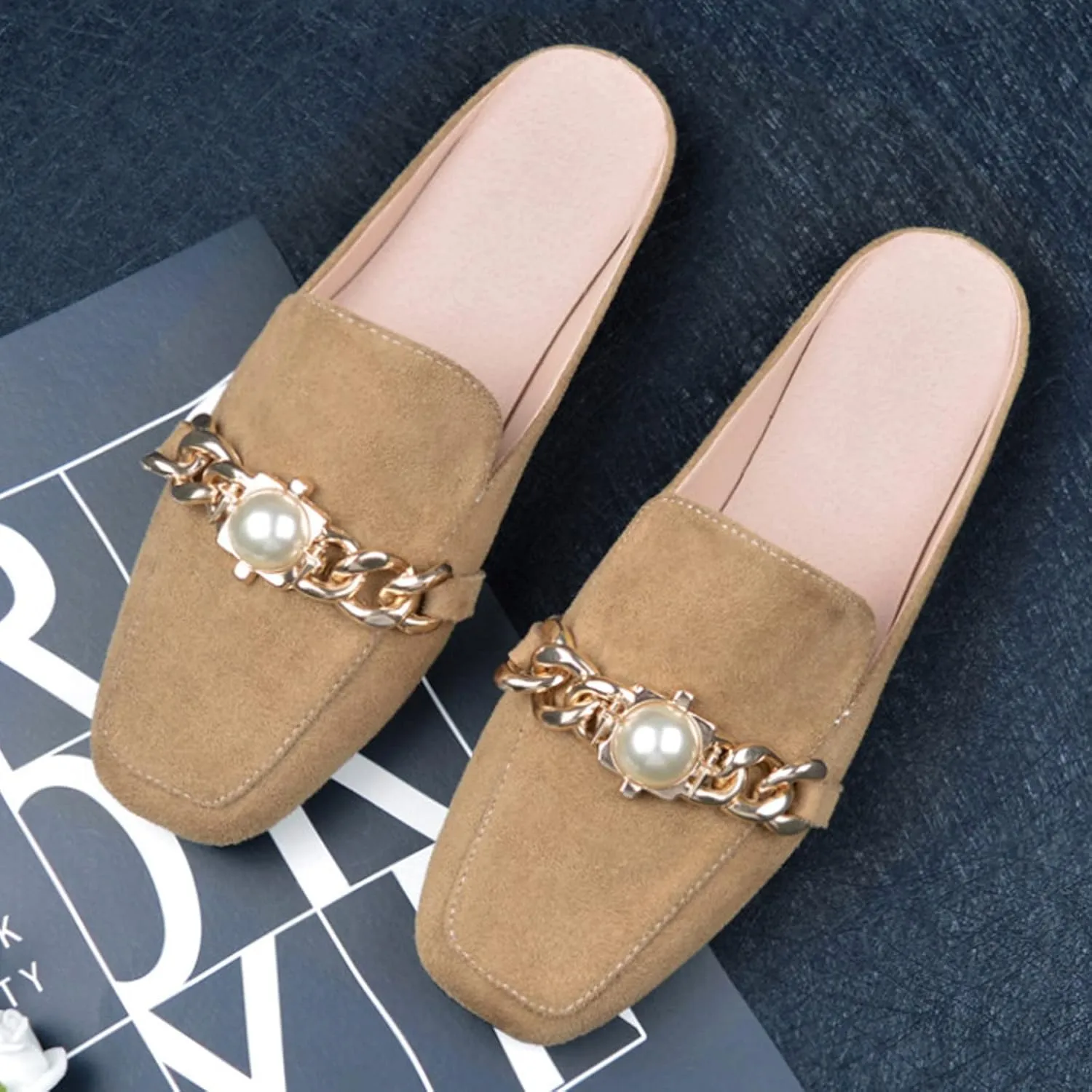 AMDBEL Flats Shoes Women Dressy Comfortable Womens Mules Backless Loafers with Metal Chain Decor Gem Pearl Slip On Flat Shoes